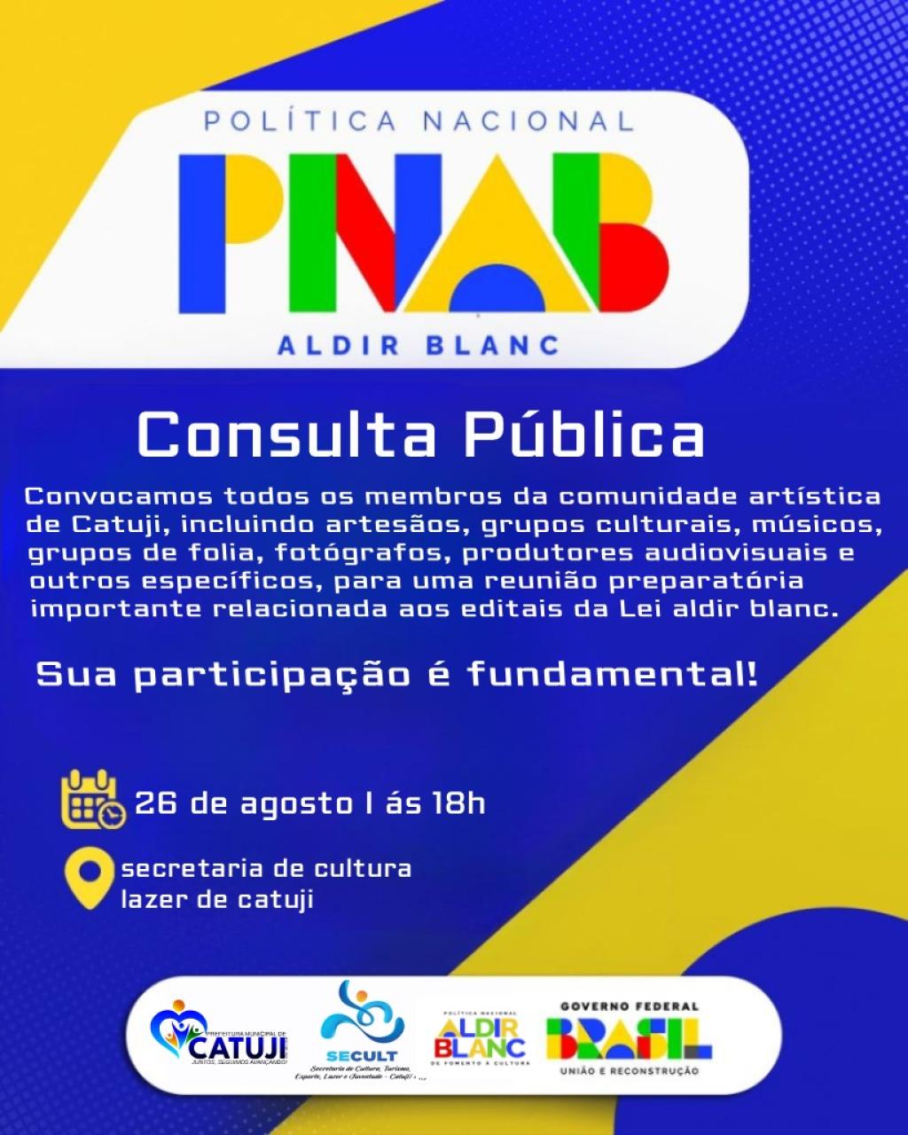 A Prefeitura de Catuji anunciou a abertura do Edital de Premiação para Agentes Culturais, viabilizado por meio de recursos da Política Nacional Aldir Blanc de Fomento à Cultura (PNAB). A iniciativa busca reconhecer, valorizar e apoiar artistas, grupos, coletivos e fazedores de cultura que contribuem para o fortalecimento da identidade cultural do município.